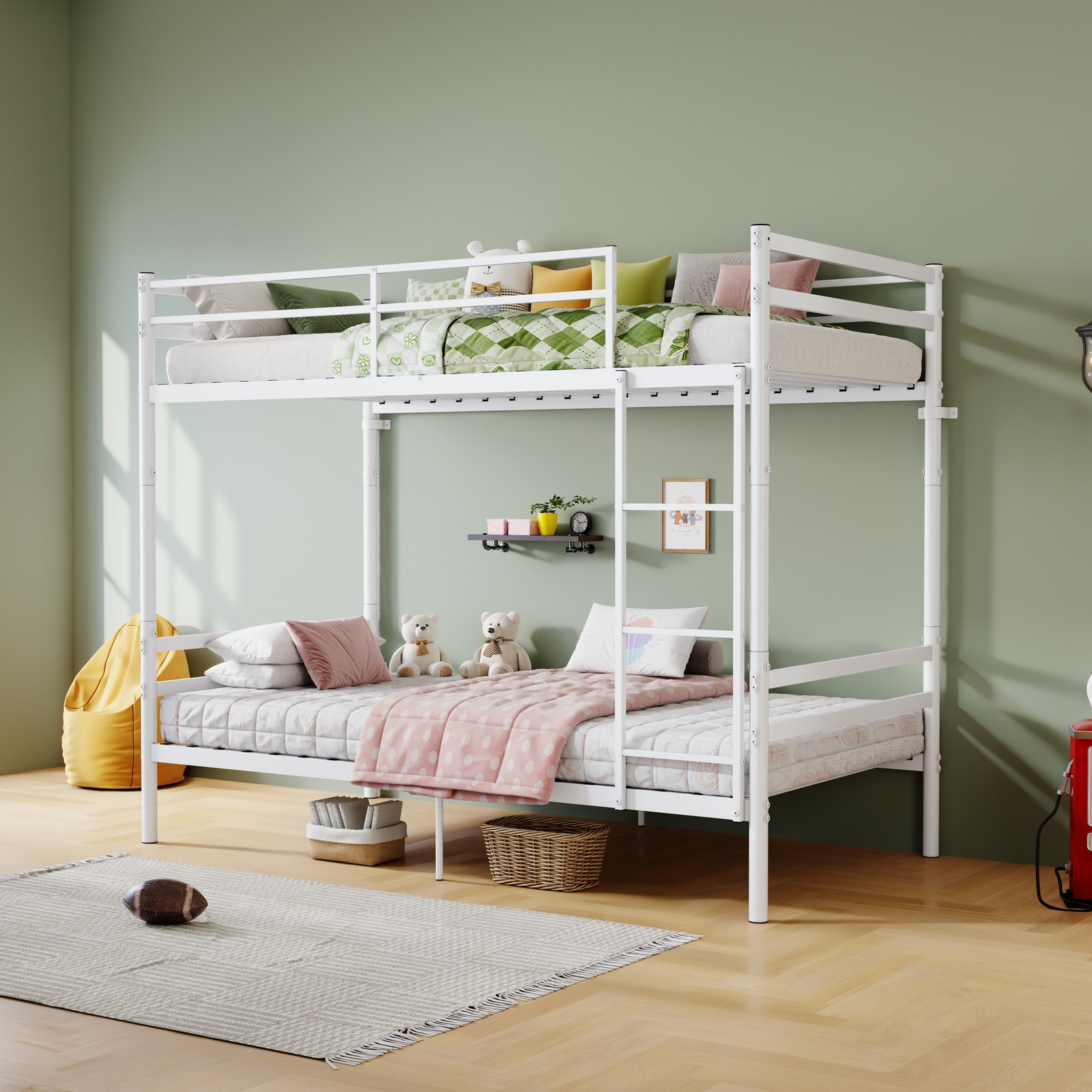 Metal Twin Over Twin Bunk Bed with Ladder, Guardrail, White
