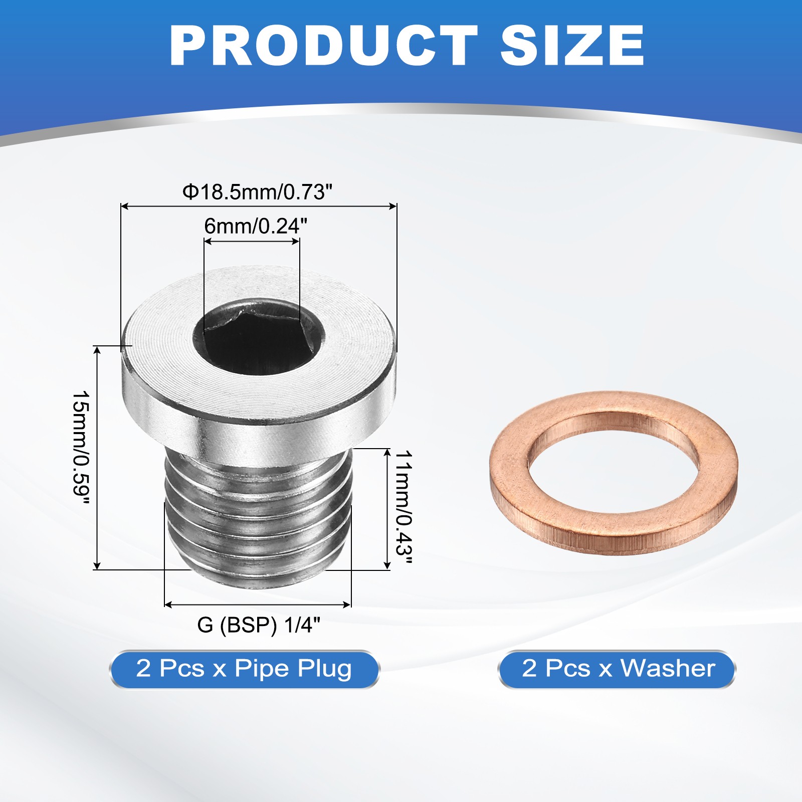 2 Pcs 1/4" BSP Pipe Plug Fitting, Internal Hex Head Socket 304 Stainless Steel