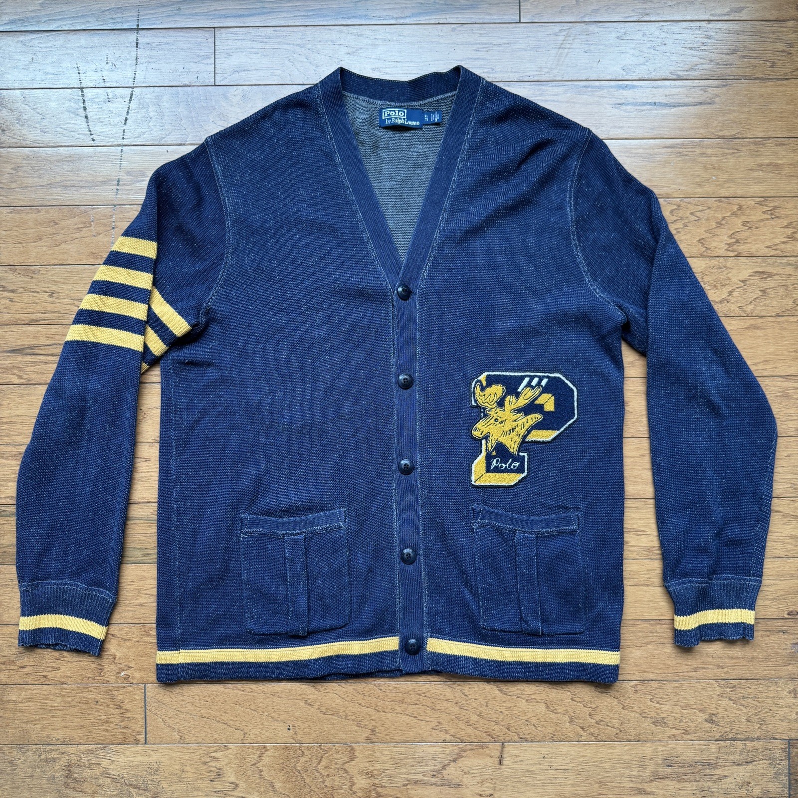 Polo Ralph Lauren Varsity Navy Blue Cardigan Sweater Moose P Patch Mens XL
