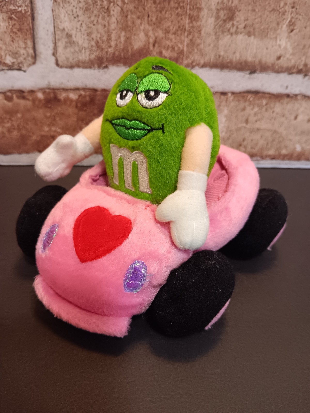M&M Green Plush Character Pink Car w/ Red Heart Valentine Pull String - Vibrates