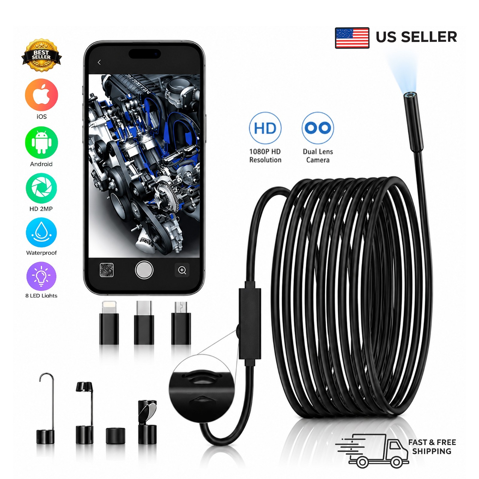 Endoscope Borescope 8mm 1920P HD Inspection Snake Camera for iPhone Android iOS