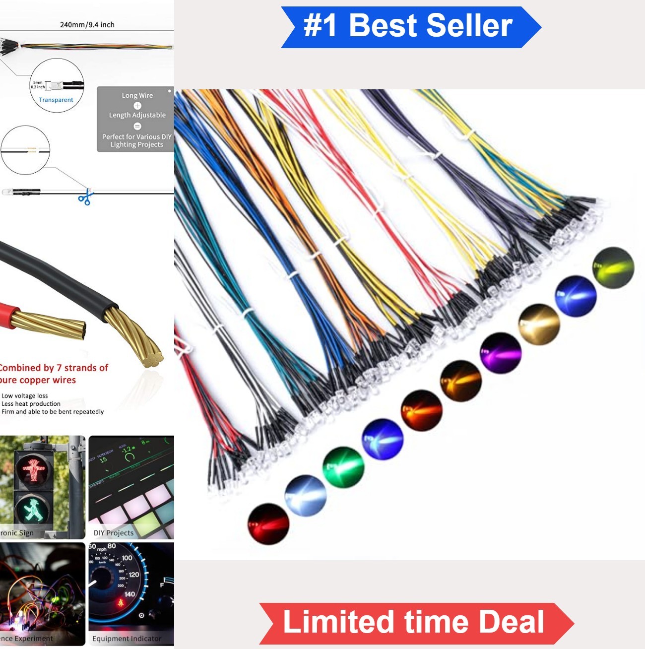 LED Pre Wired 5mm 12V Diodes 100 Pack 10 Colors 9.4 Inch Wire for Circuit