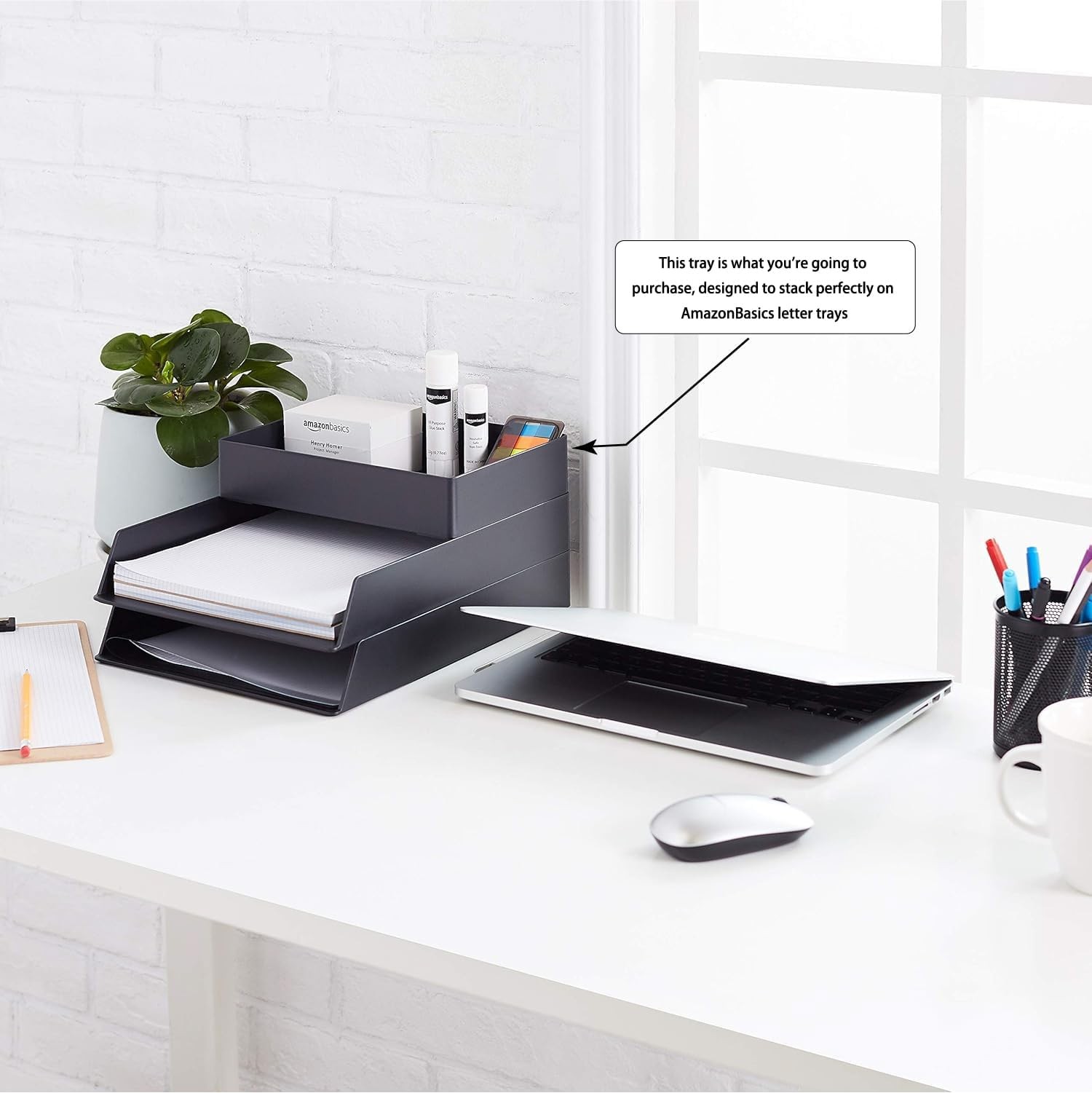 Amazon Basics Rectangular Plastic Desk Organizer with Storage Trays, Accessor...