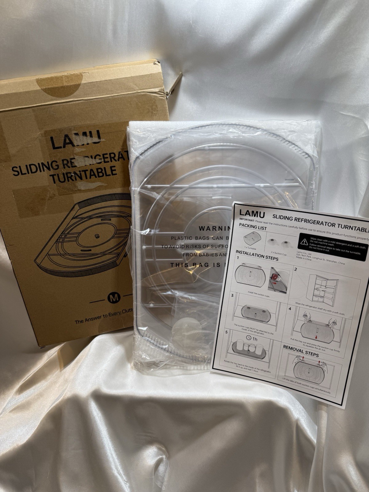 LAMU Sliding Refrigerator Turntable 15.3"x11.1" Lazy Susan No Clutter