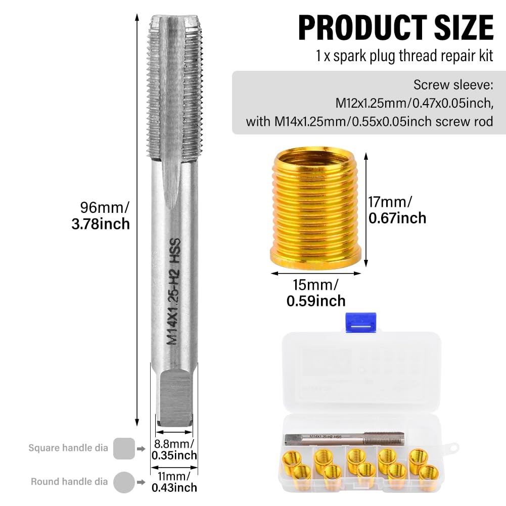 Spark Plug Thread Repair Kit, M12x1.25 | 10Piece Inserts & Tap Kit for Engine...