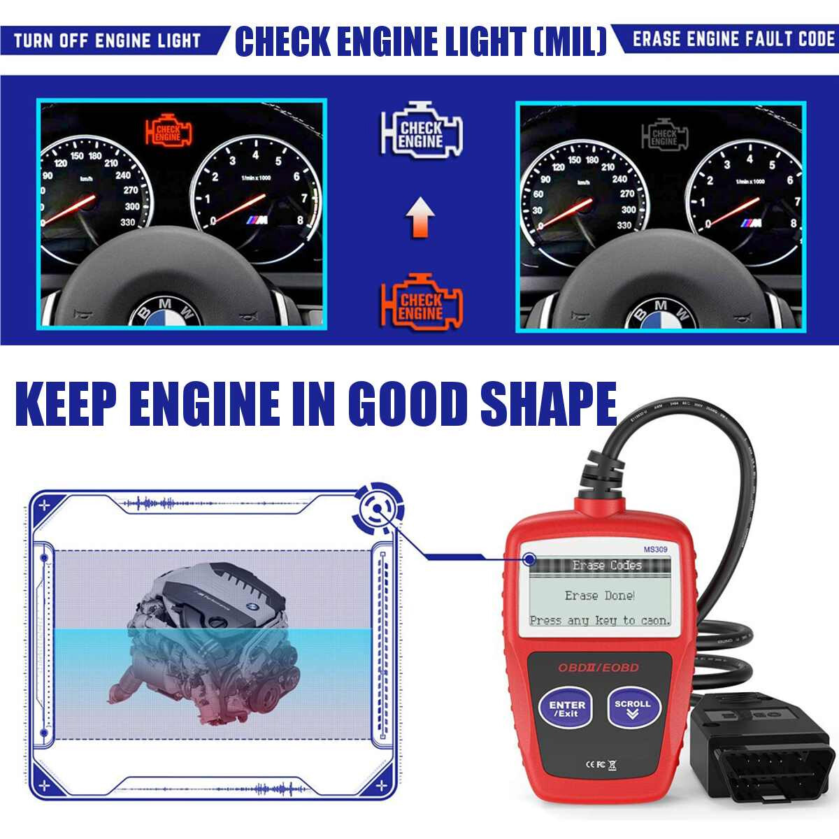 Car Bluetooth Scanner Code Reader OBDII MS309 Read Diagnostic Tool