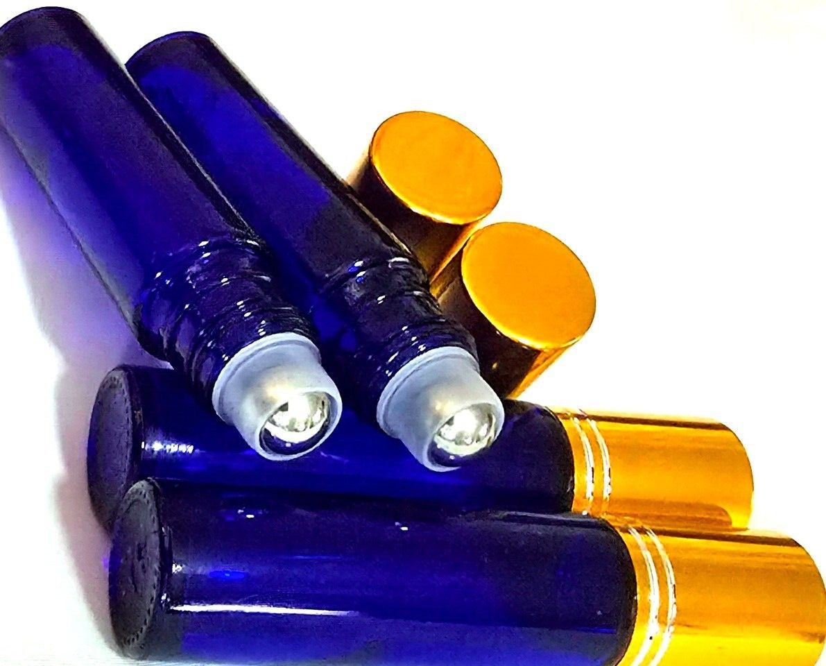 4pc Deep Blue Glass Essential Oil Roller Bottles with Mini Funnel
