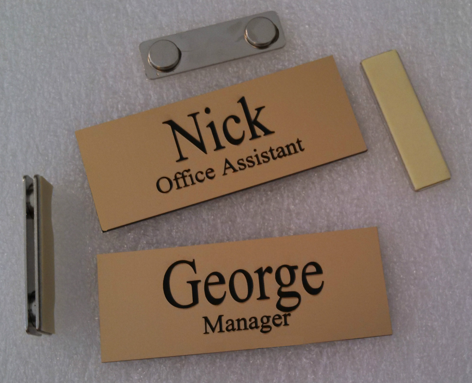 Custom Name Tags Gold -Black letters  w/ magnetic badge attachment 1.25" x 3.25"