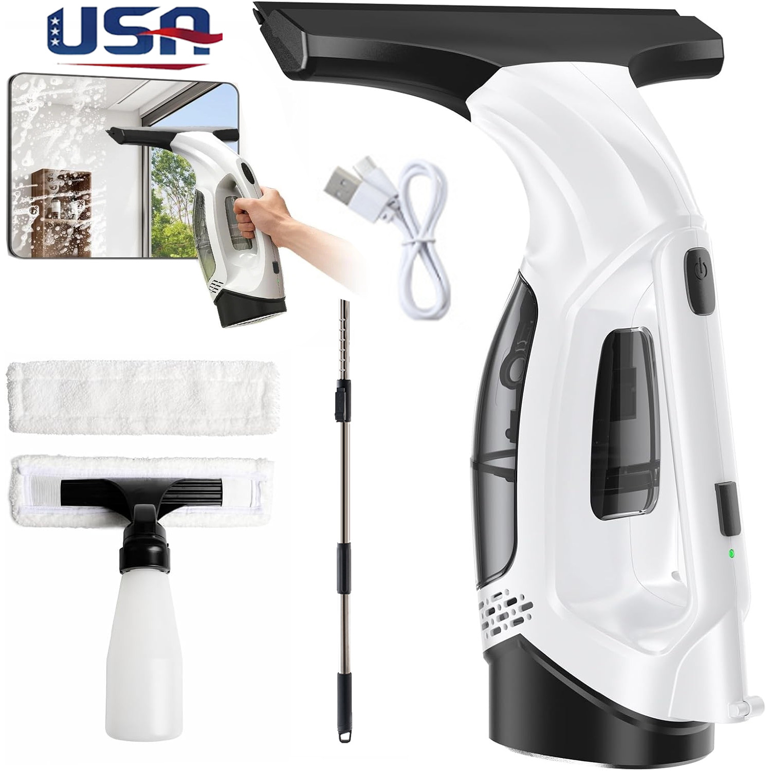 Window Vacuum Squeegee Cordless with Extension Pole,Electric Window Cleaner Tool