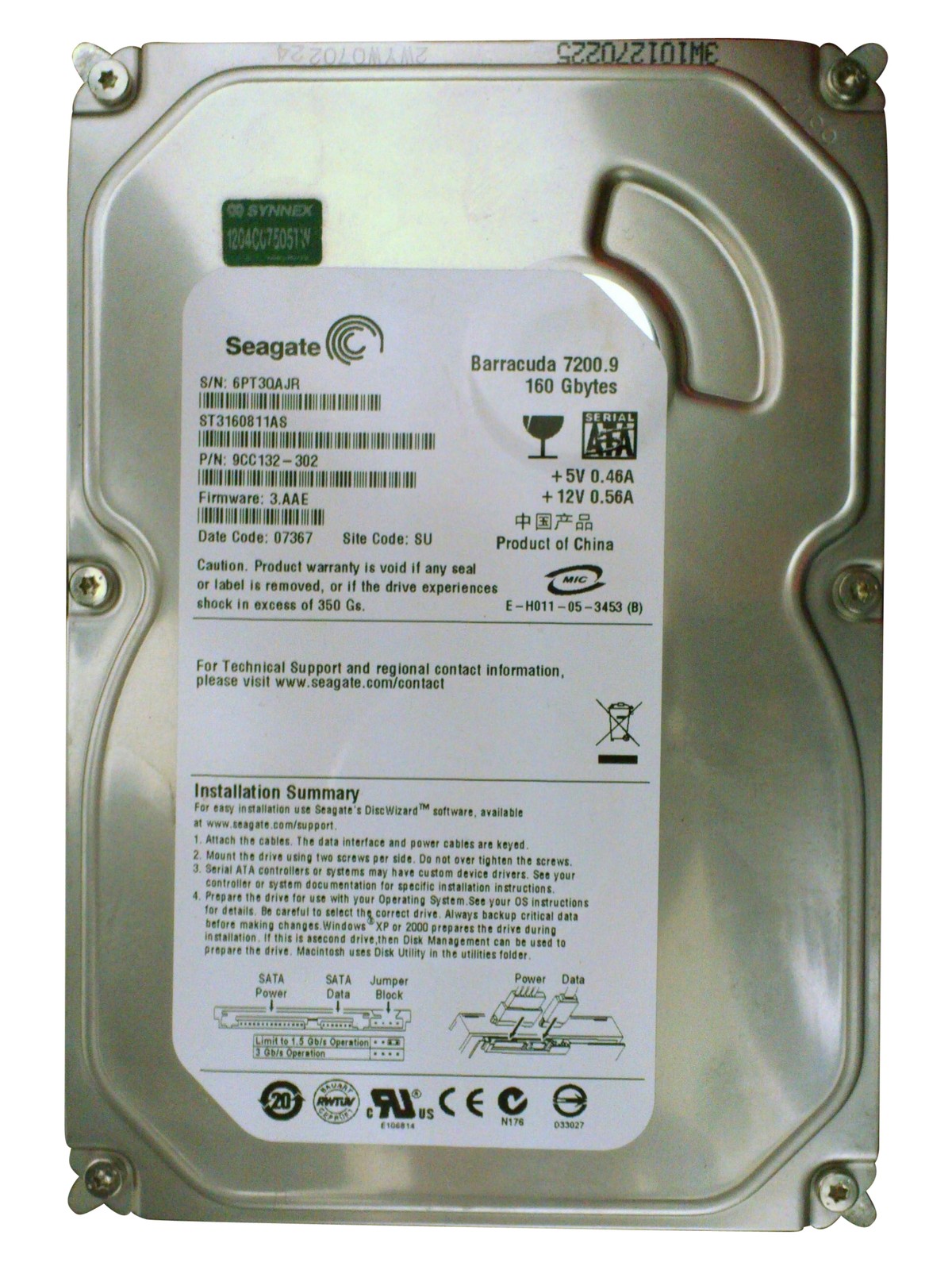 Seagate St3160811As P/N: 9Cc132-302 F/W: 3.Aae 160Gb Wu Tested Working