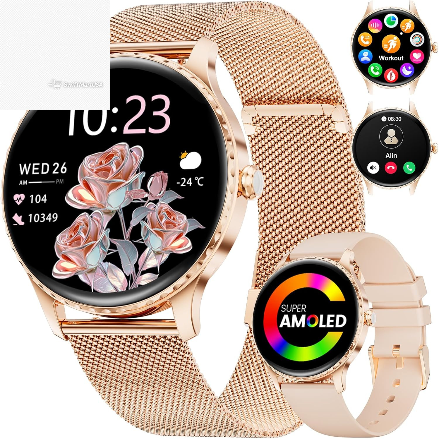 AMOLED Smart Watch For Women Bluetooth Call Fitness Tracker IP68 Waterproof iOS