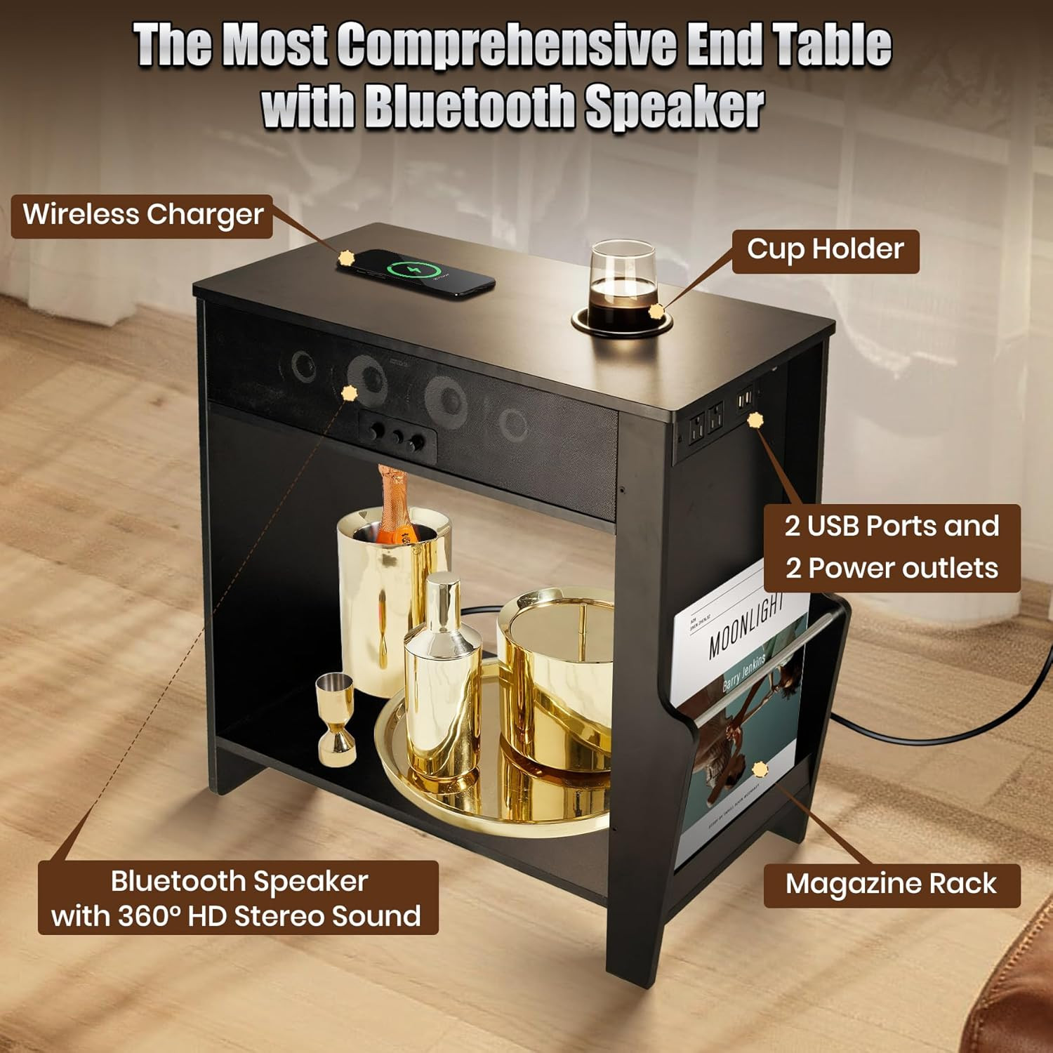 Bluetooth Speaker End Table, Smart End Table with 2 Subwoofer for Deep Bass, Sid