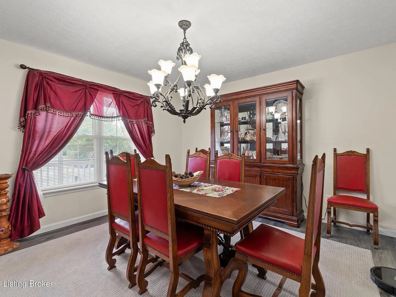 9-Piece Antique German, Wood Rectangular Dining Table Set w/ Red Solid Chairs