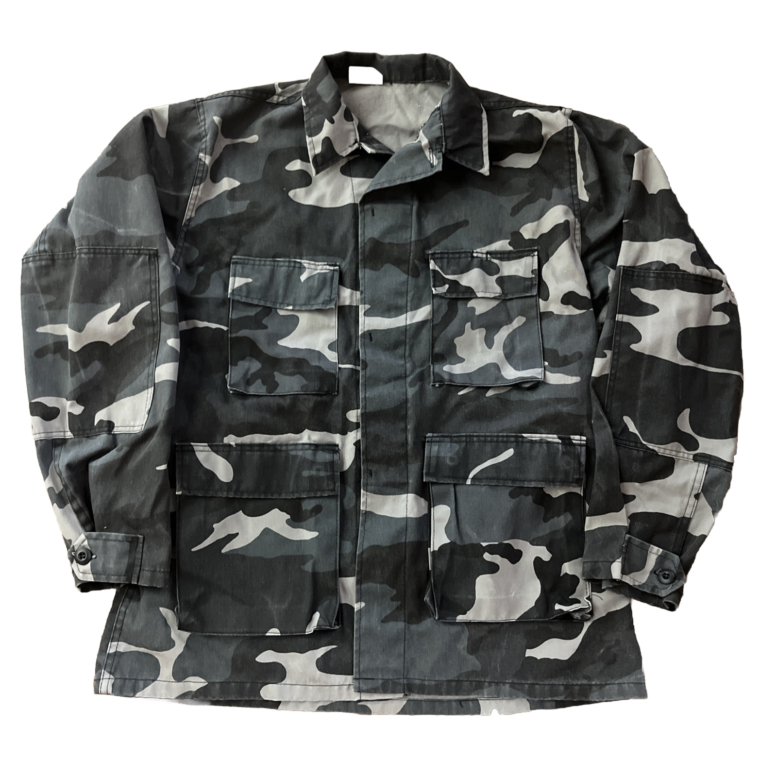 US Army Combat Coat Size Large Long Gray Camo Field Button Elbow Patches Street