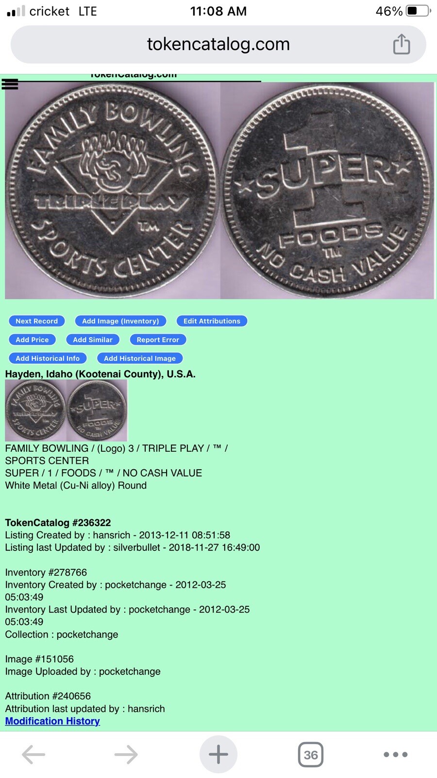 Food Token - Triple Play Resort - Hayden, Idaho