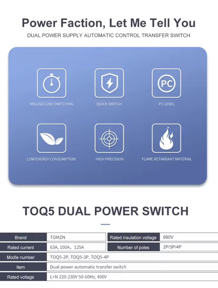 125A Dual Power Automatic Transfer Switch 4P Solar Compatible/Millisecond-Level