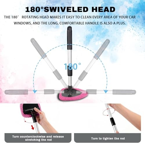 Windshield Cleaning Tool, Car Window Cleaner with Extendable Handle, 4 Pink