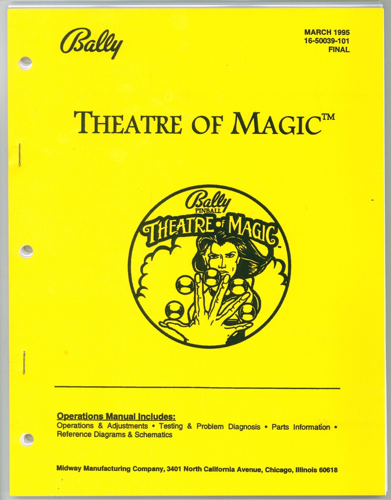 Bally Theatre Of Magic Pinball Machine Manual 166 Pages NEW - FREE USA SHIP!!