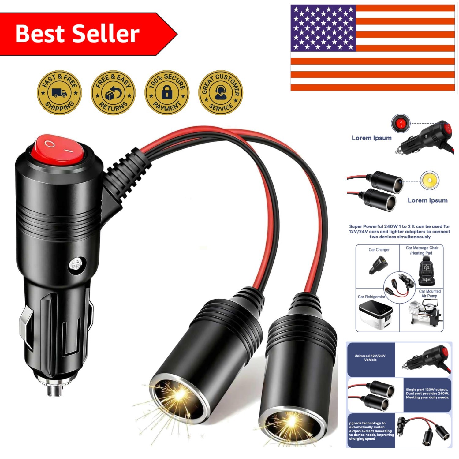 Dual 12V Car Cigarette Lighter Splitter with Fast Charging & On/Off Switch