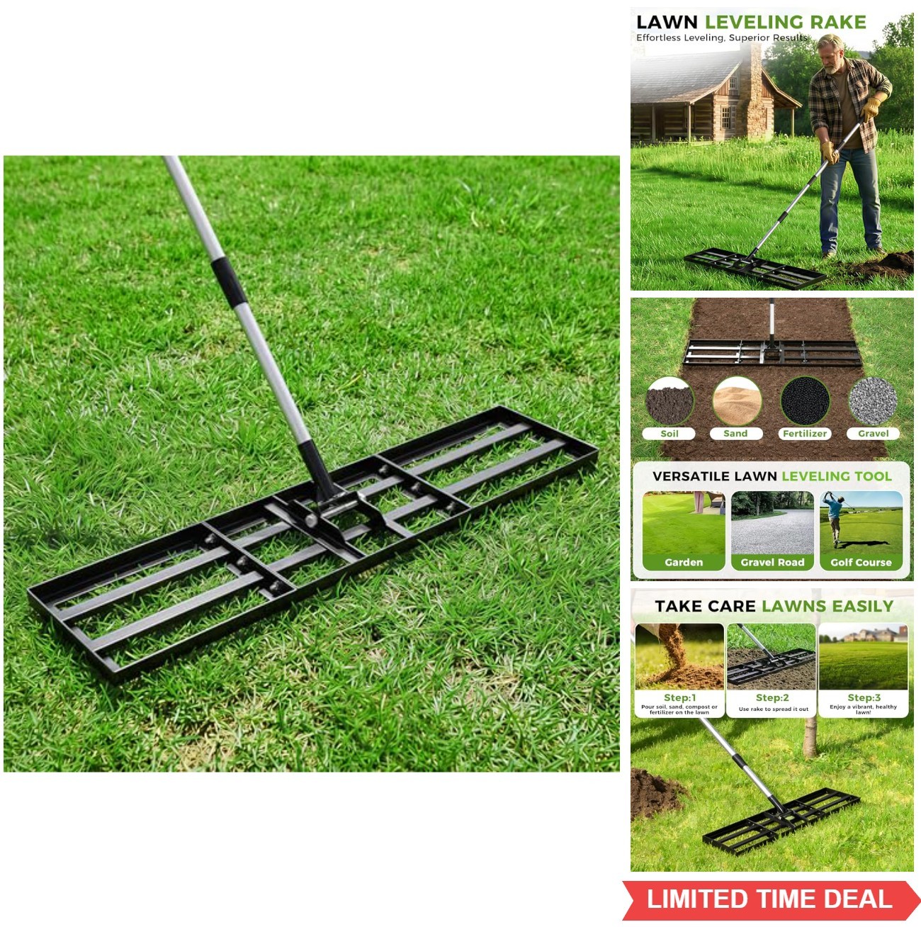 Lawn Leveling Rake 45x10 Inch Stainless Steel Heavy Duty Adjustable Handle