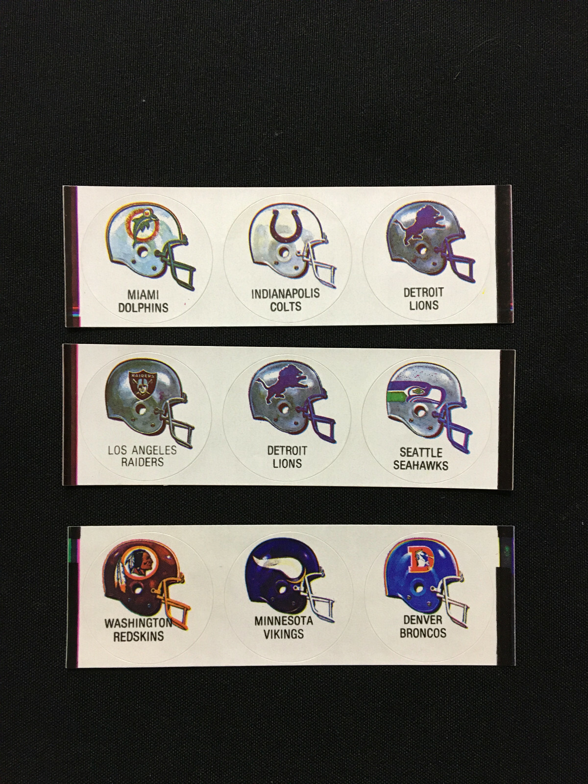 1984 Jeno's Pizza NFL Helmet Sticker Strips - LOT OF 3 Different - Ex+ Condition