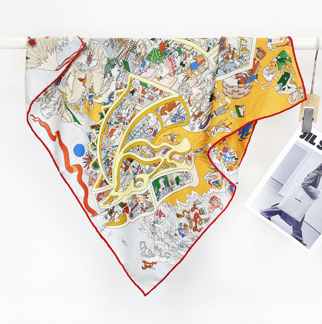 70% Cashmere 30% Silk Scarf Shawl 90X90cm Wrap Yellow street Print Double Face