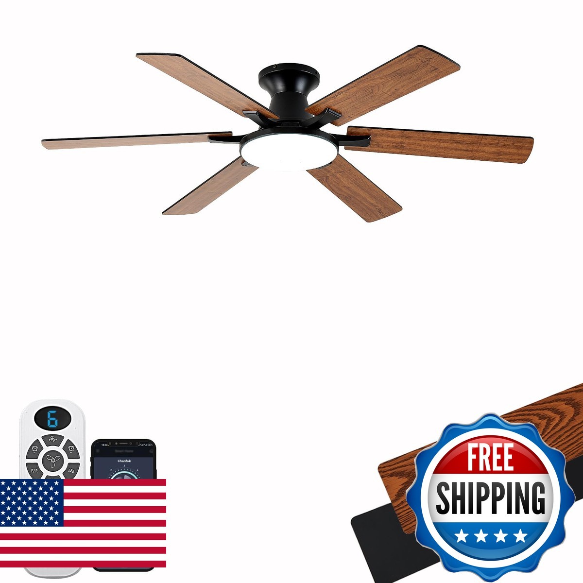 iacaf SY26-Brown 54 Inch 6-Speed 6-Blade Flush Mount LED Dimmable DC Ceiling Fan