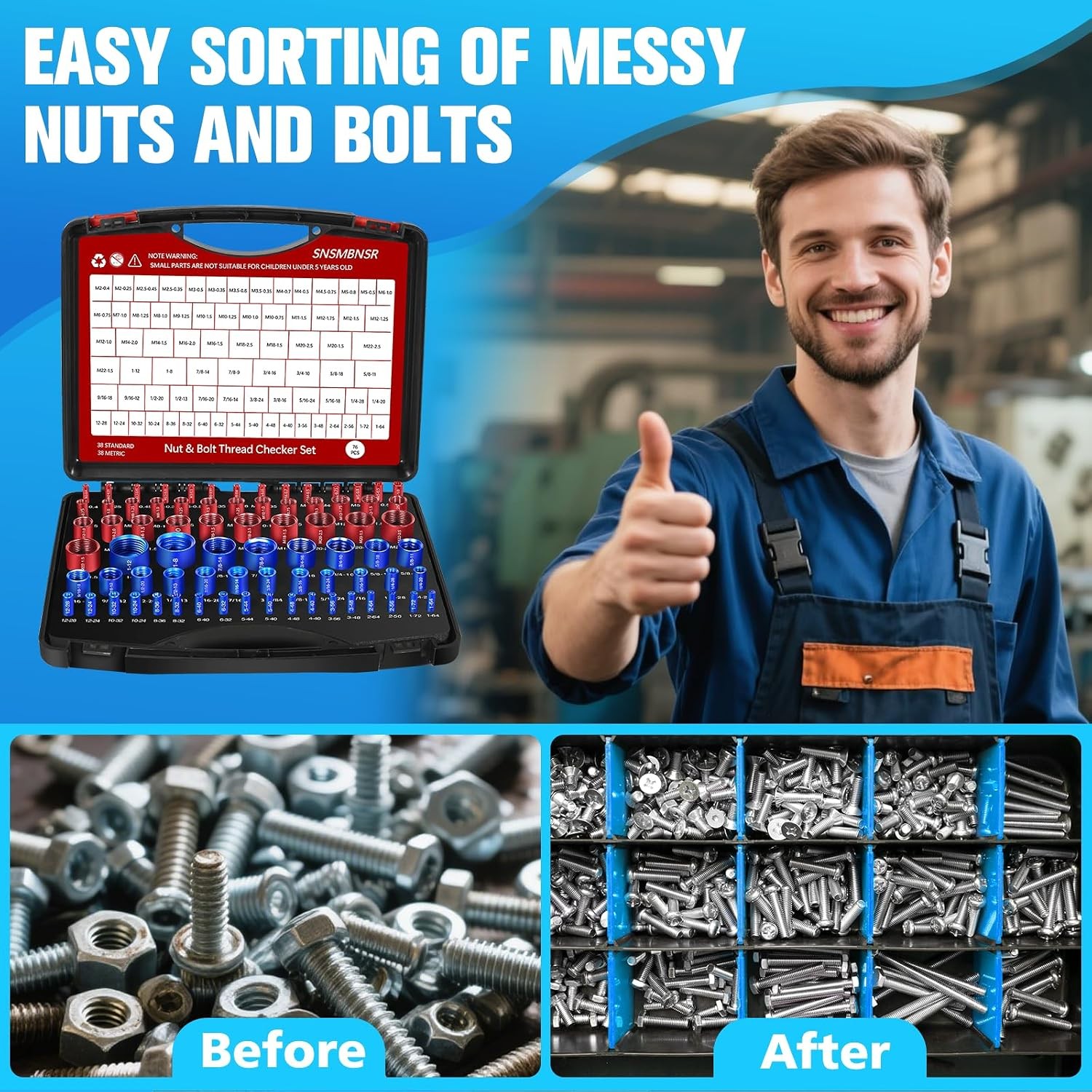 76Pcs Thread Checker, Nut and Bolt Thread Checker 38 Standard and 38 Metric Set,