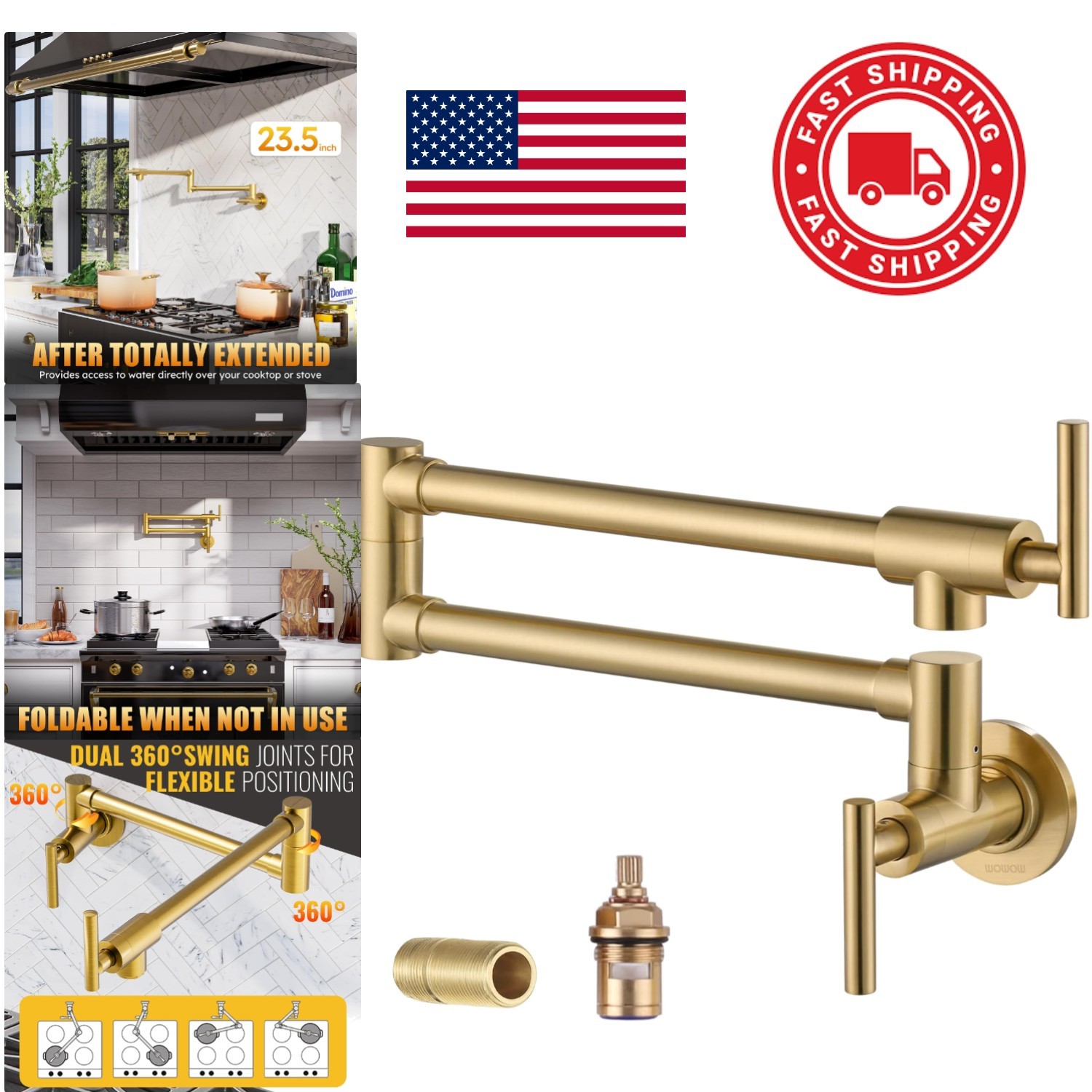 Pot Filler Faucet Brushed Gold Solid Brass Wall Mount Kitchen Stove Accessory