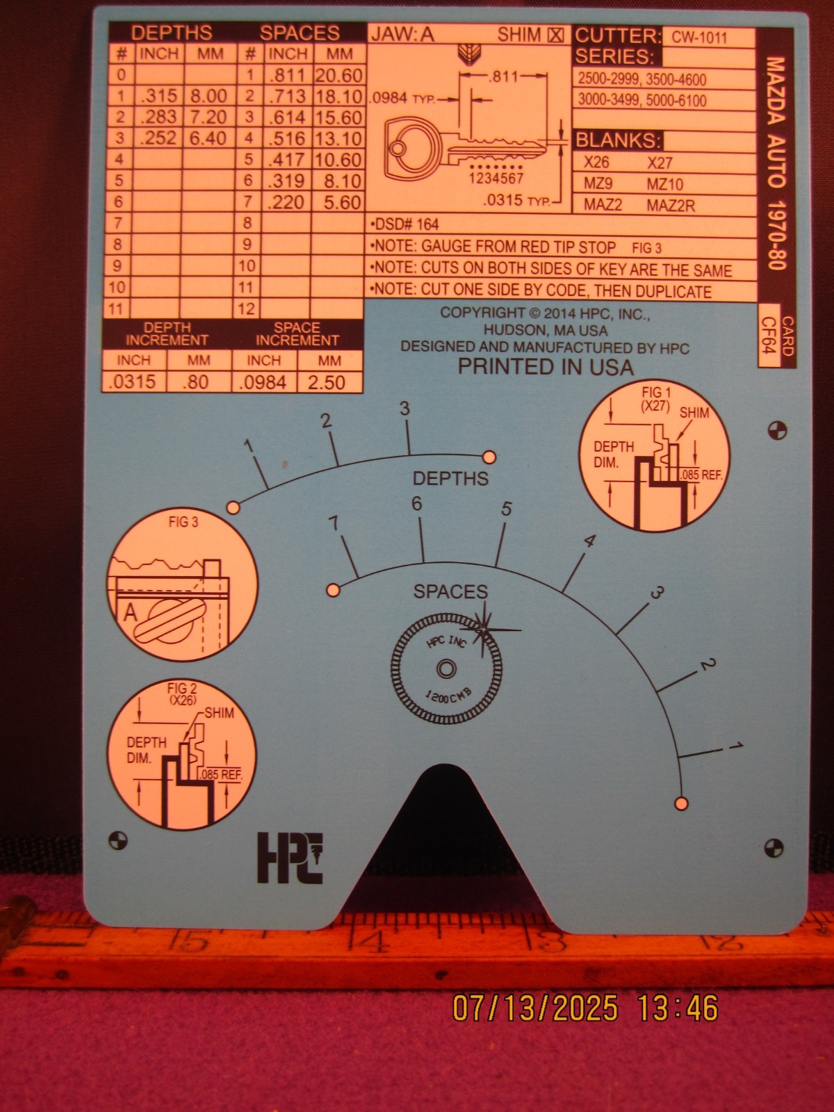 HPC 1200 BLITZ KEY CODE CARD CF 64   ( MAZDA AUTO 1970 THUR 1980 ) BRAND NEW