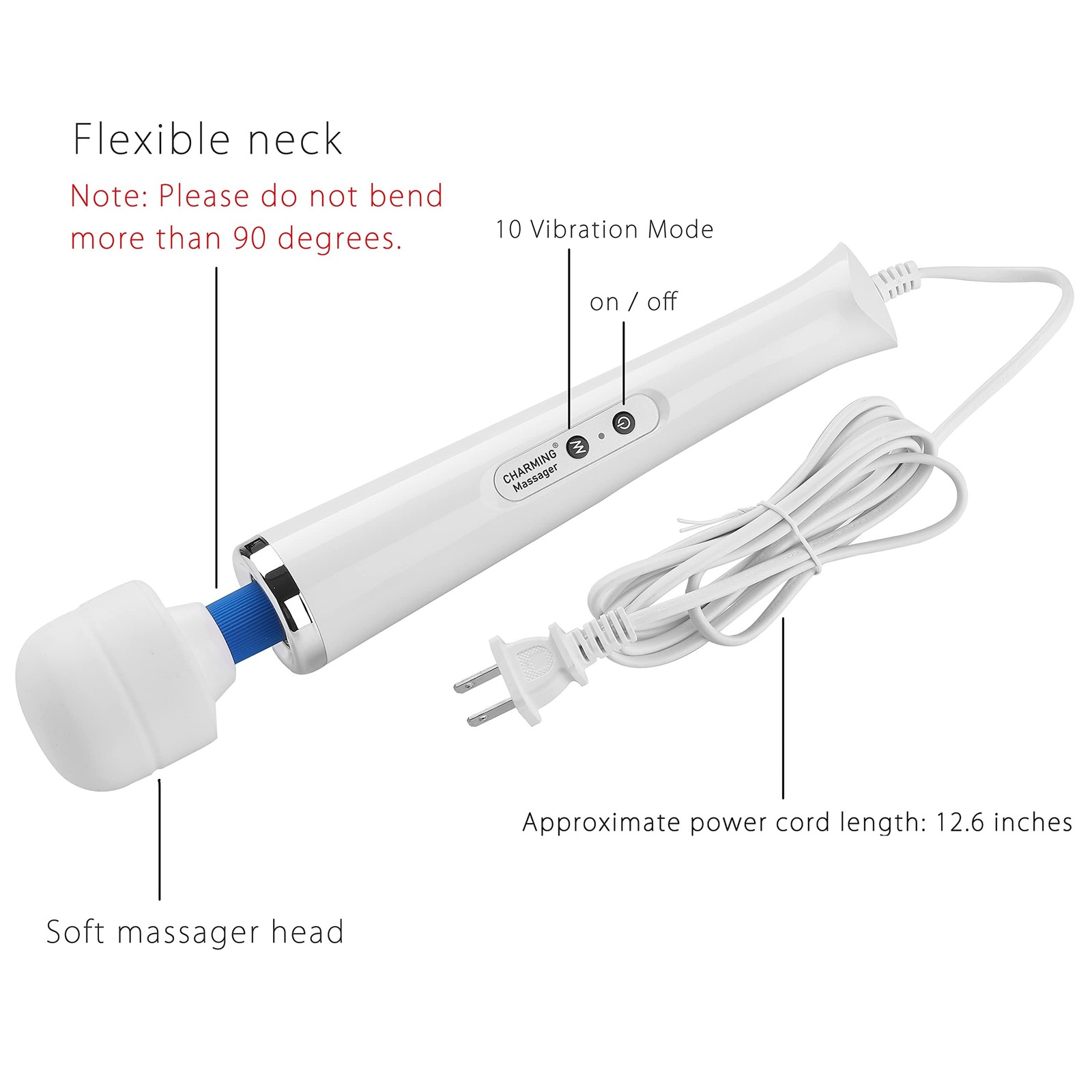 CHARMING 10 Speeds Wired Handheld Back Massager White