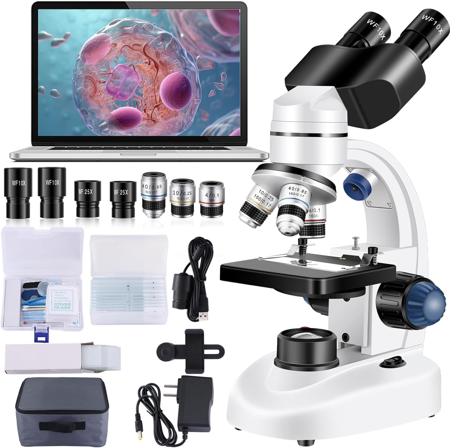 Microscope for Adults Wf10X and Wf25X Eyepieces, 40X-2000X Magnification USB Cam