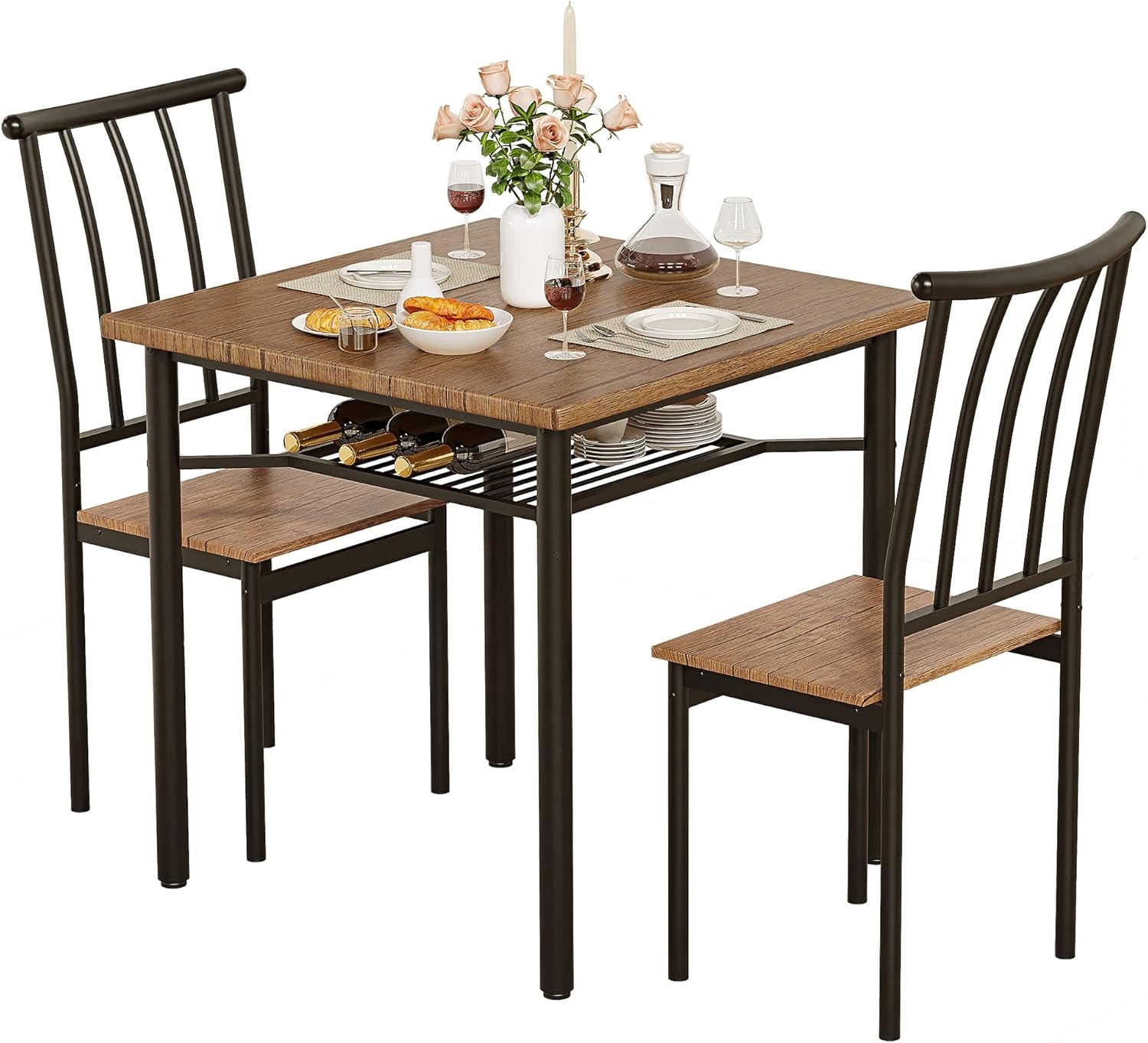 Dining Table Set for 2,3-Piece Kitchen Set w 2 Chairs&Wine Rack for Small Spaces