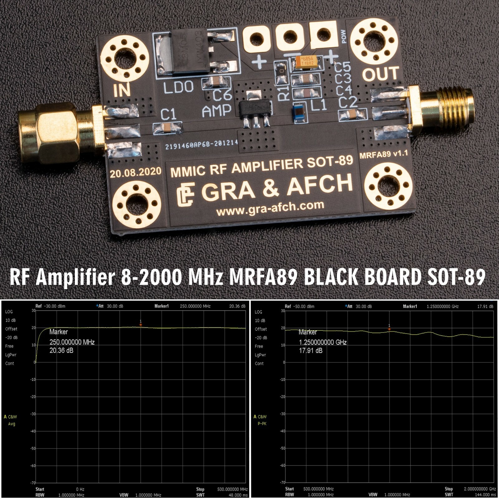 RF Amplifier 8-2000 MHz, GAIN = 20 dB P = +20 dBm MRFA89 MMIC SOT-89 Black Board