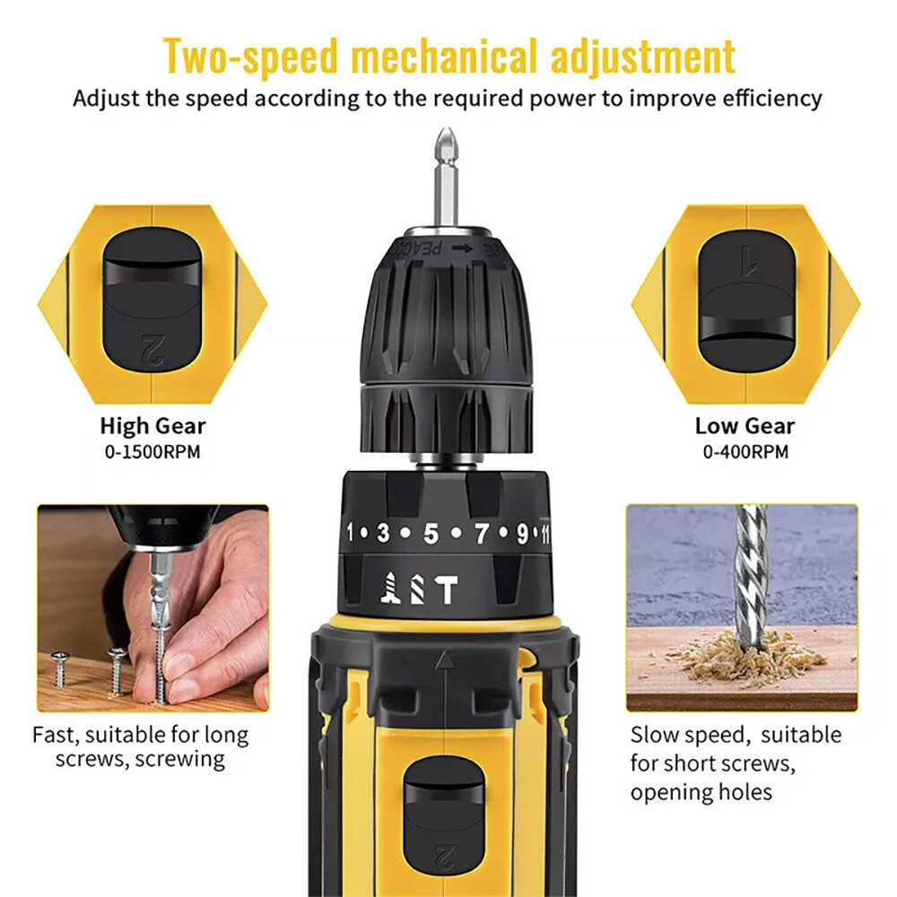 21V Cordless Hammer Drill Set Electric Impact Driver Screwdriver with 2 Battery