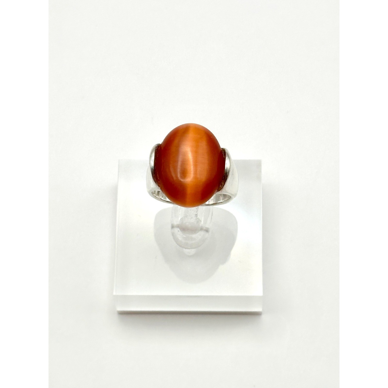 Orange Lab Cats Eye Silver Tone Ring Size 8