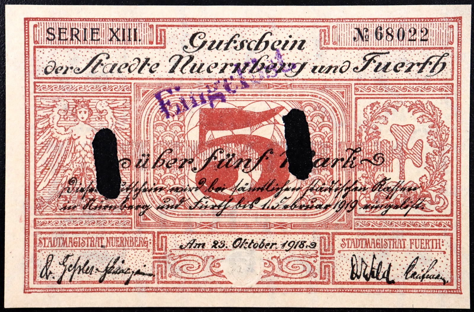 NUREMBERG (NÜRNBERG) and FÜRTH 1918 5 Mark Grossnotgeld German Notgeld Banknote