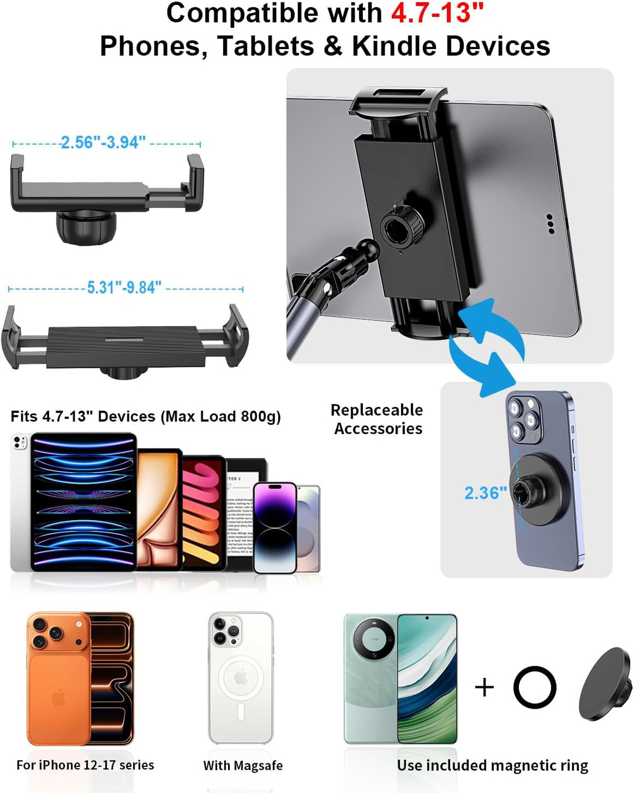 Rolling Tablet Floor Stand with Wheels, Adjustable Aluminum Arm, 360° Rotation