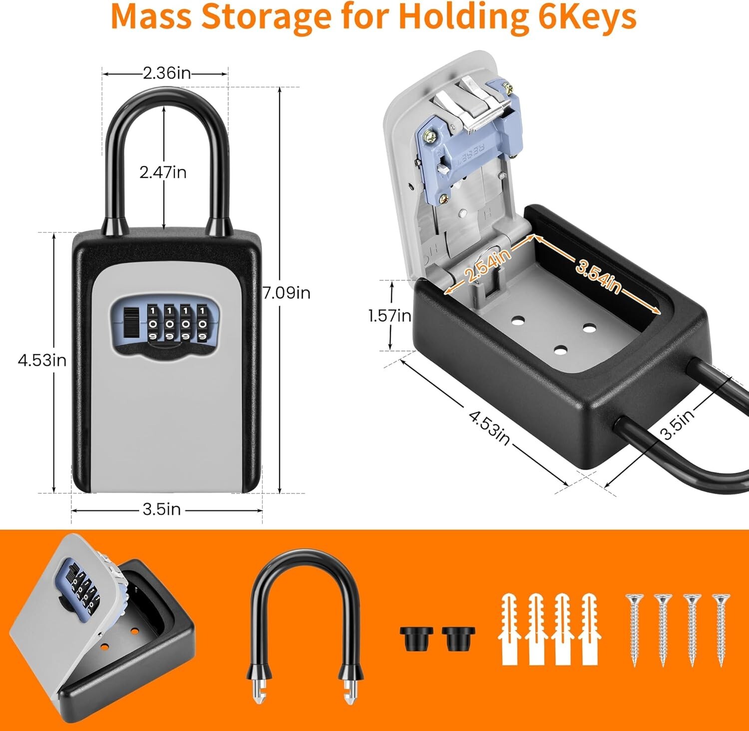 Portable Key Lock Box Wall Mounted Weatherproof with Resettable 4-Digit Code