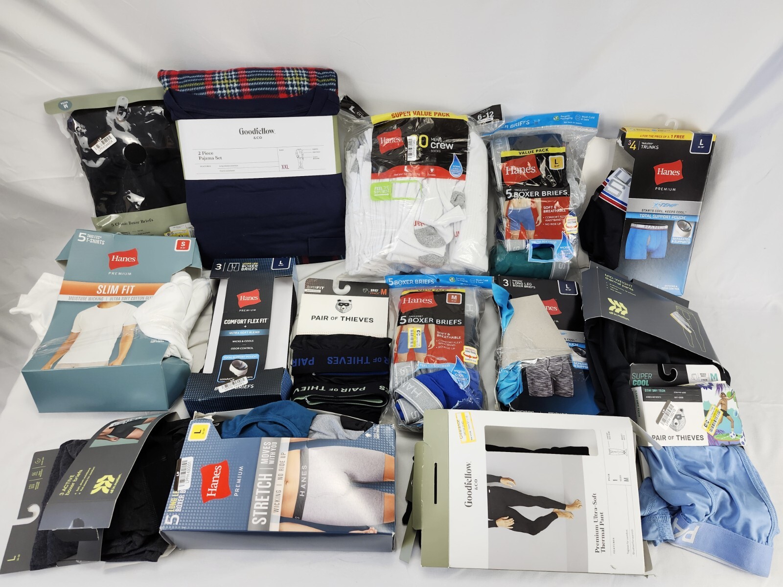 Lot of 15 Brand New Mostly Incomplete Packs of Mens Pajama, Boxers, Socks & More