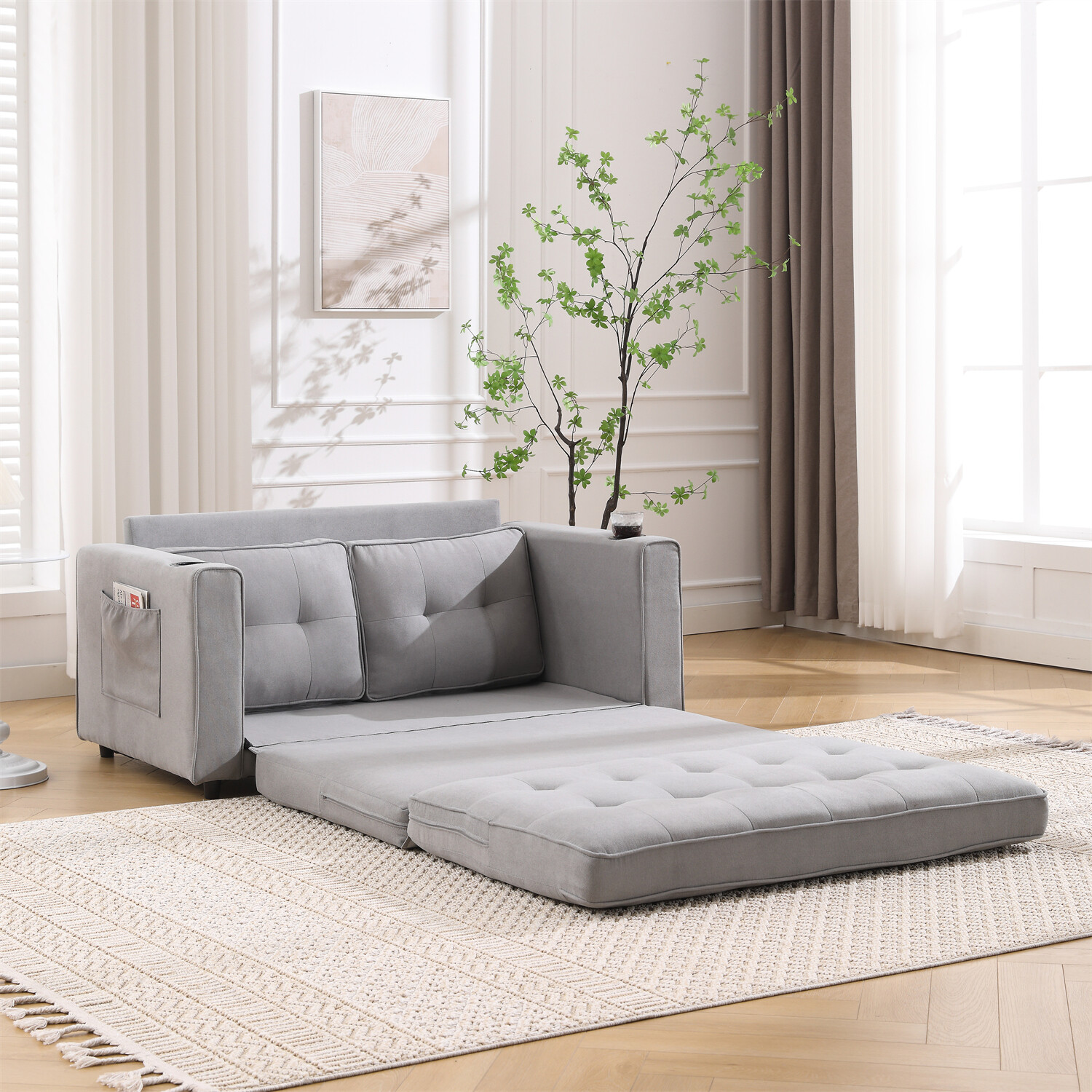 Convertible Sofa Bed Loveseat Futon Sofa Couch w/ Pull-Out Bed Light Gray