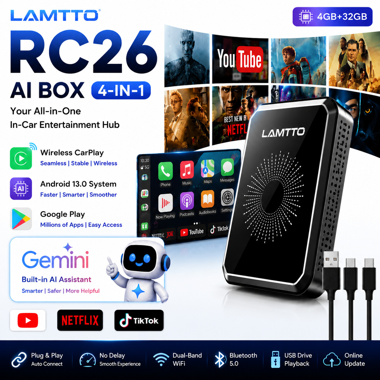LAMTTO 4in1 Wireless CarPlay Adapter w/ Goo-gle Play & Gemini Al Wireless Dongle