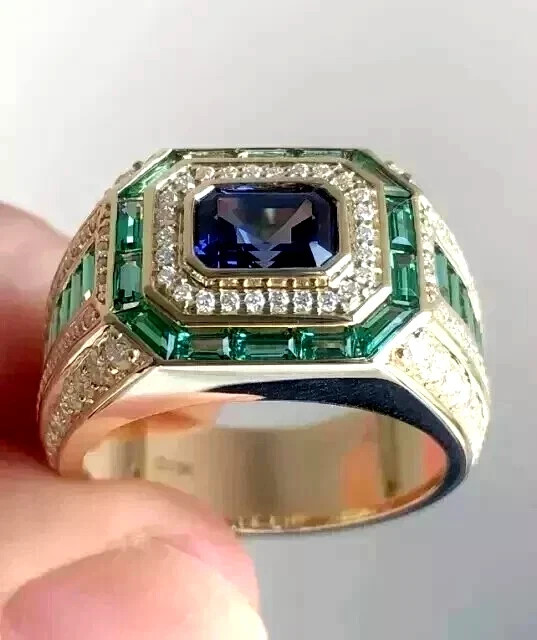 Lab-Created Blue Sapphire Men's Wedding Ring Emerald Cut 14K Yellow Gold Plated