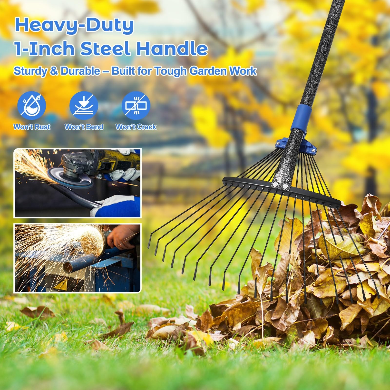 Adjustable Garden Rake for Leaves-Heavy Duty Metal Rake with 8-17" Expandable...