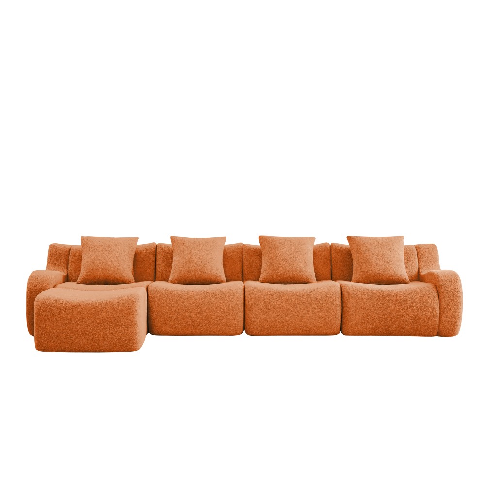 L-Shaped Teddy Fabric 4-Seat Sofa w/ Curved Armrest & Anti-Slip Design, Orange