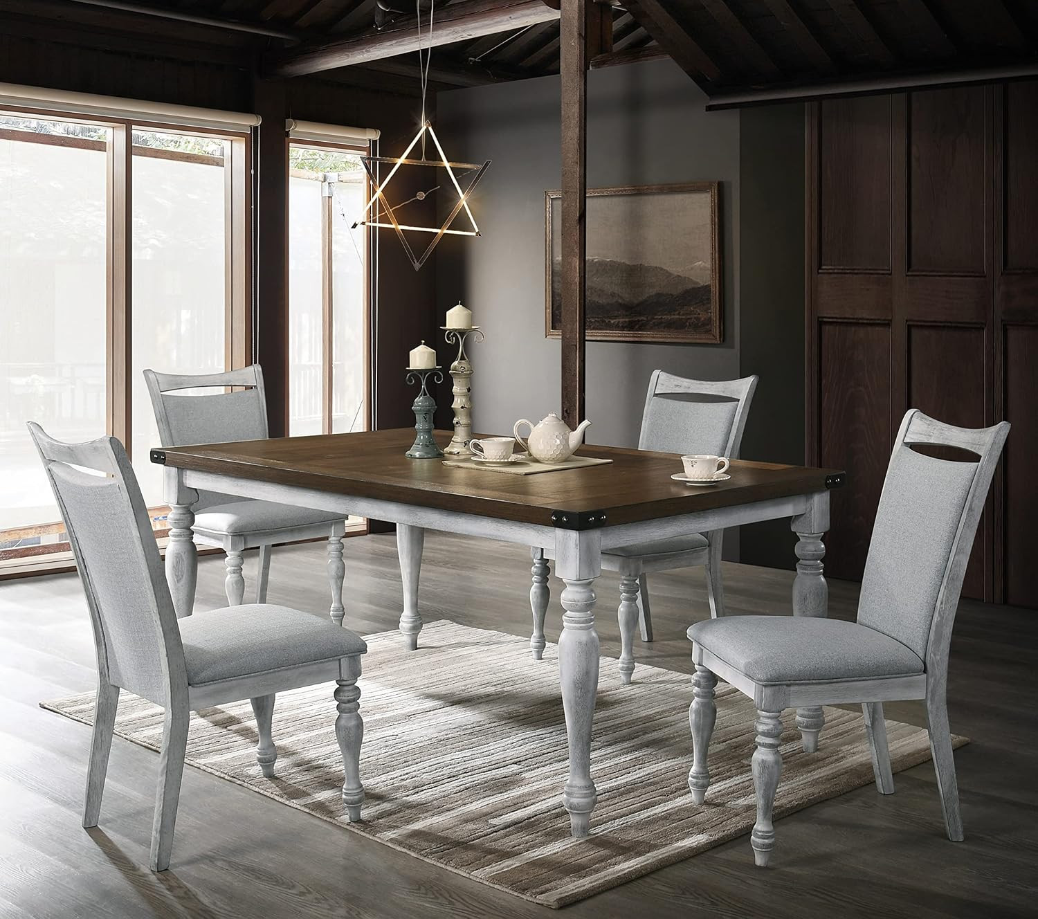 Salines 5-Piece Dining Table Set with 4 Upholstered Chairs, Rustic White