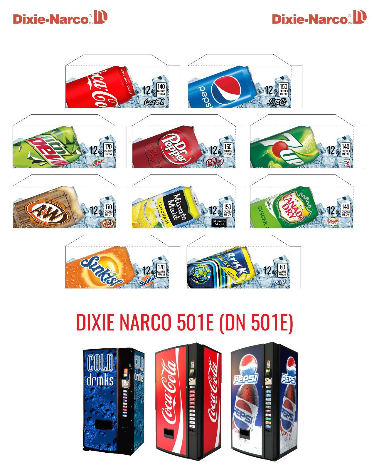 (10) Dixie Narco 501e 12 oz  "CAN" Vend Labels - Flavor Strips -VARIETY PACK