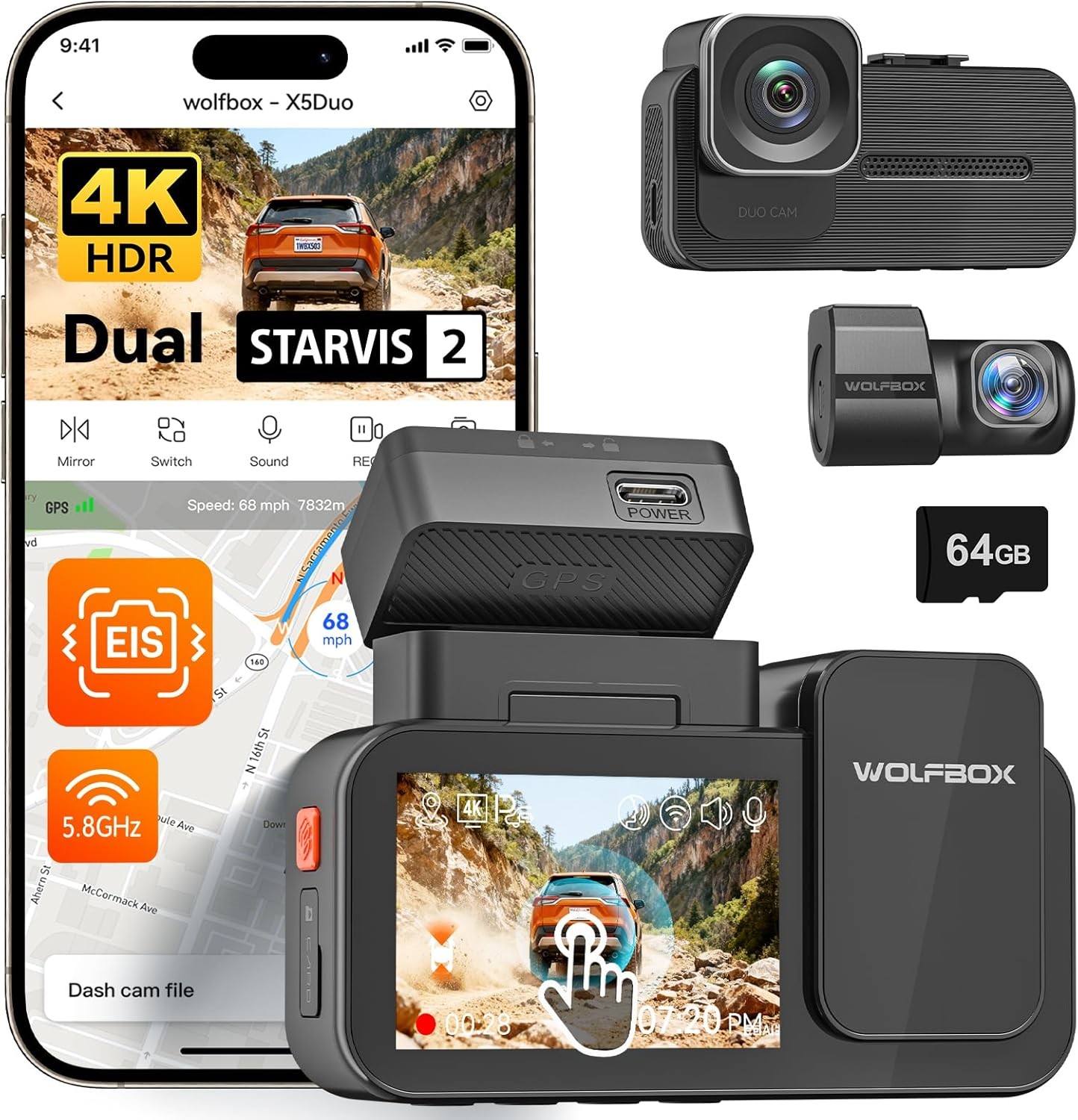WOLFBOX X5 Duo 4K+2.5K Dash Cam Anti-Shake, 8MP STARVIS2 IMX678 IMX675 Wi-Fi GPS