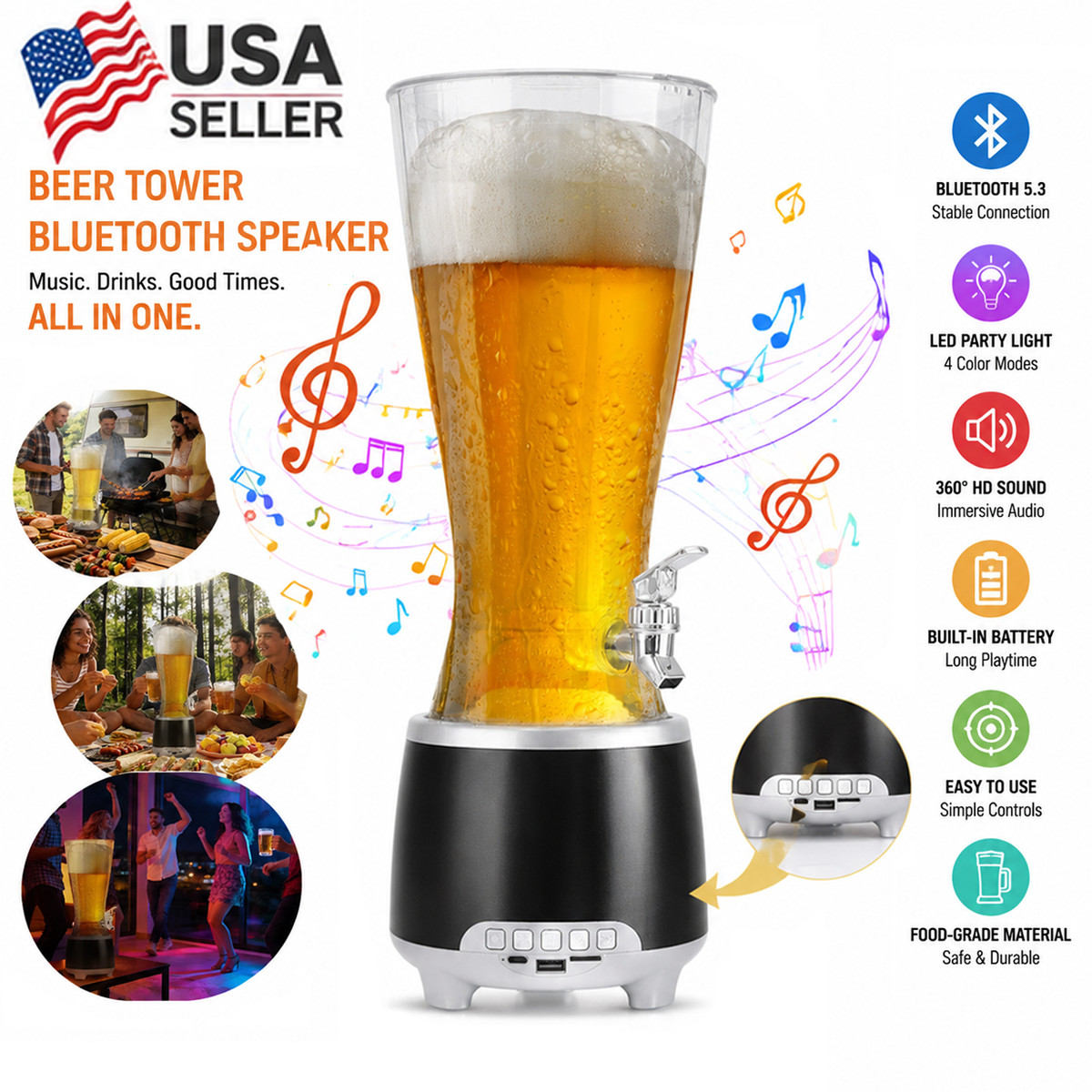 2.5L Beer Keg Bluetooth Speaker Portable Outdoor LED Lights Stereo Party Speaker