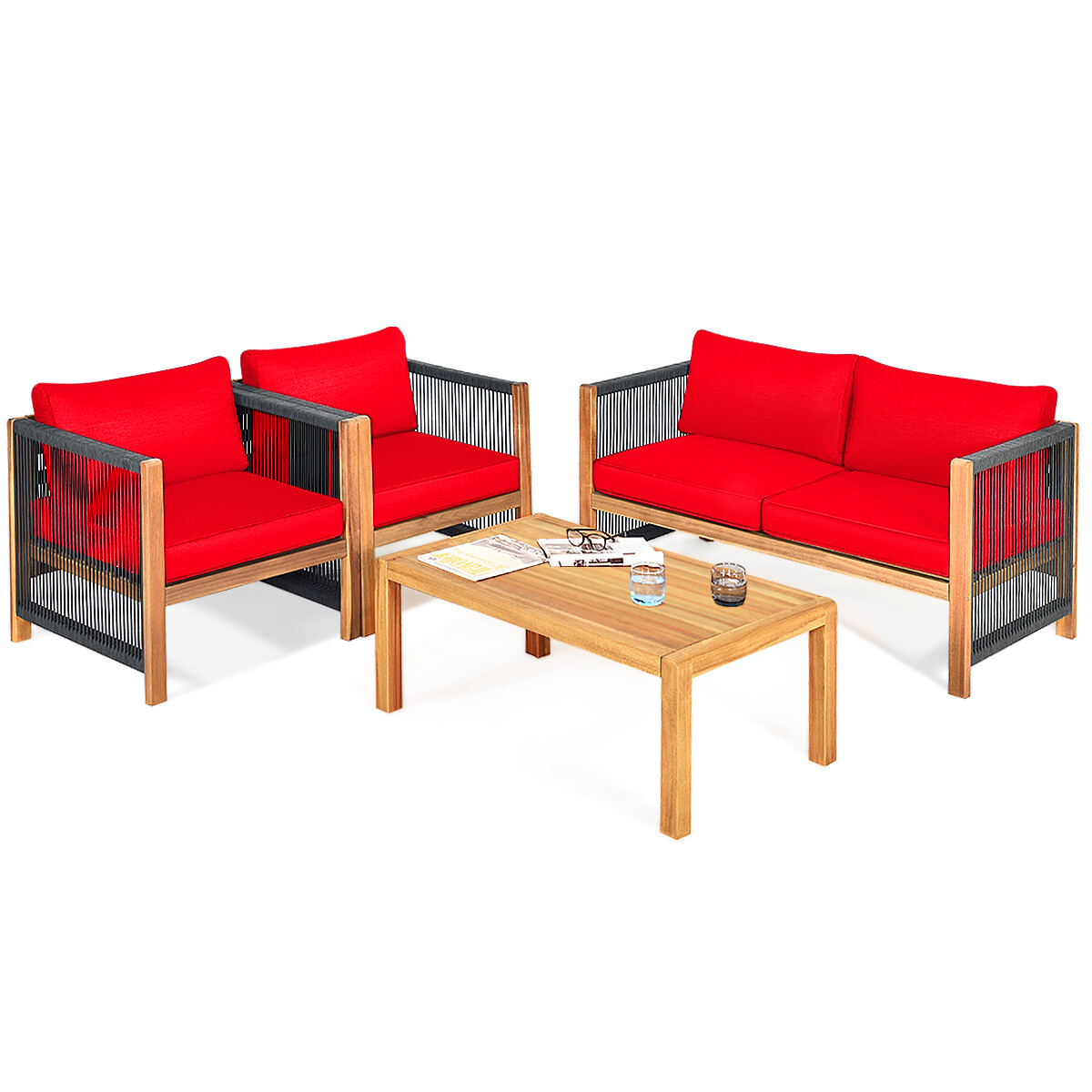 Patiojoy 4-Piece Outdoor Patio Wood Conversation Furniture Set Padded Chair